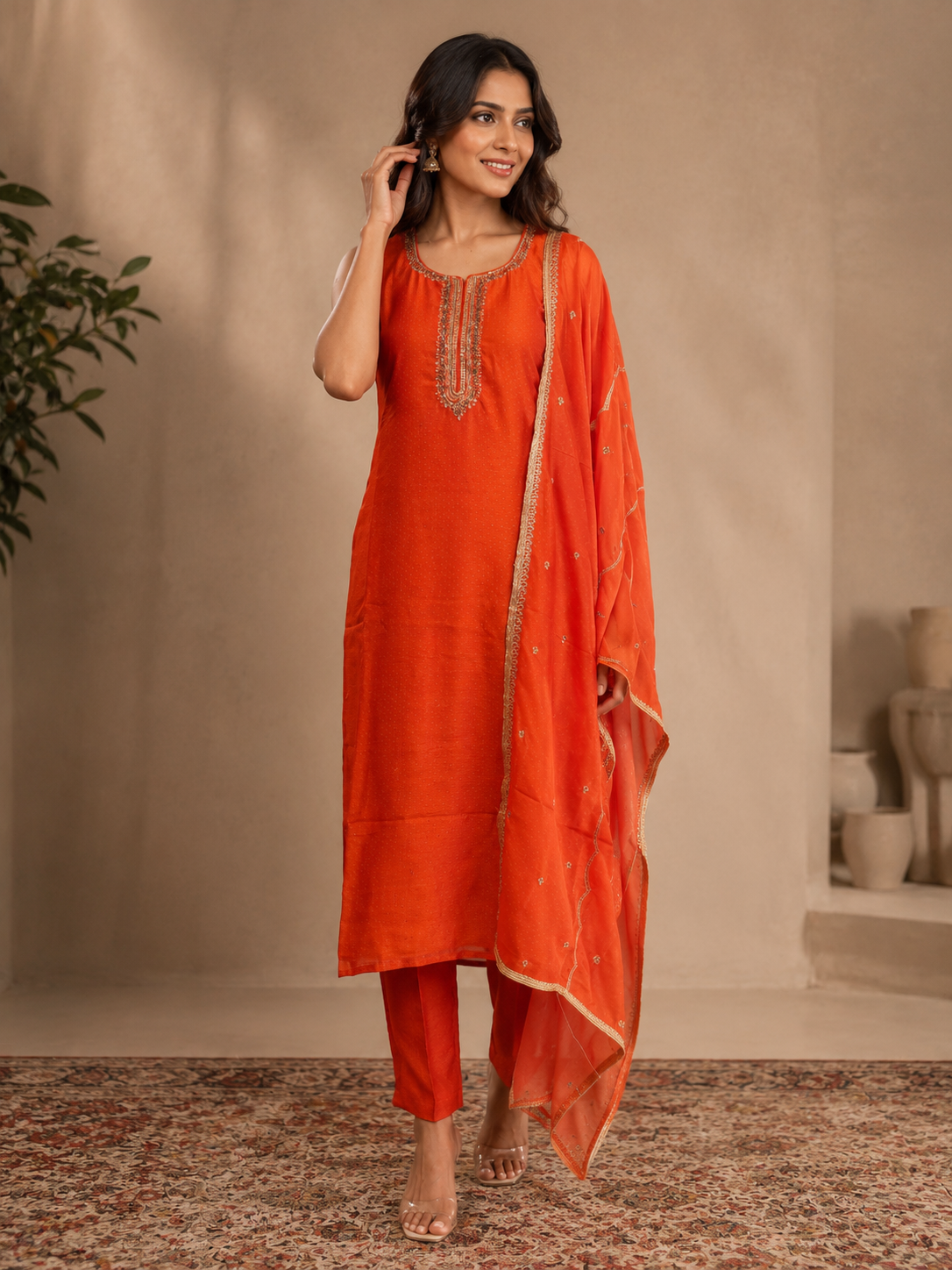Orange Silk Embroidered Straight Kurta Set with Dupatta